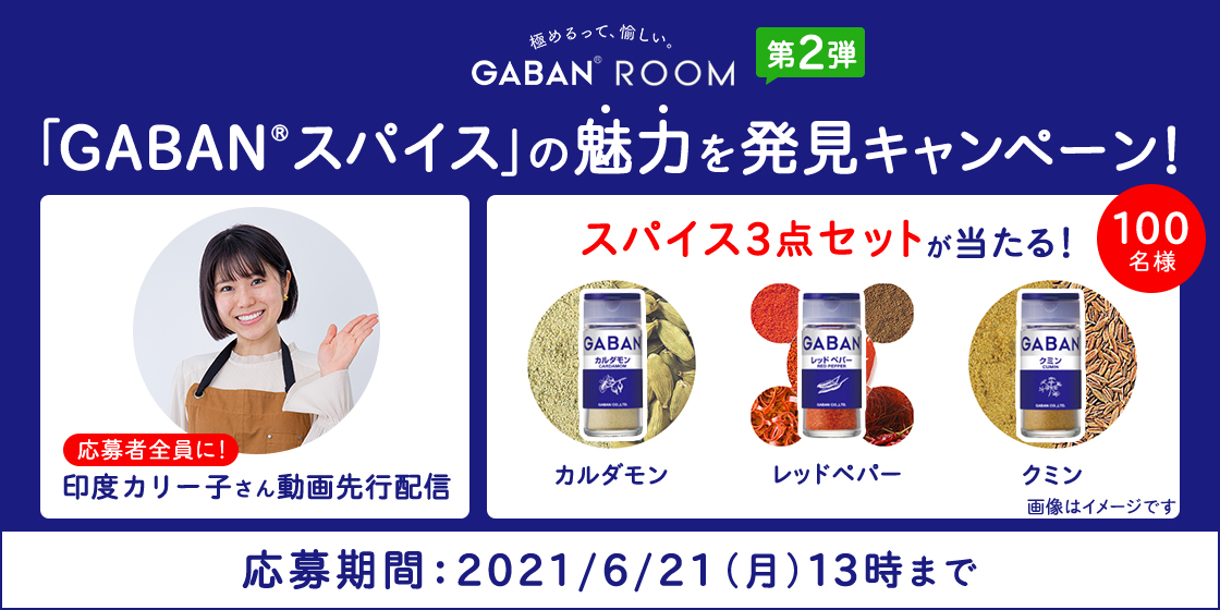 極めるって、愉しい。 GABAN® ROOM 「GABAN®スパイス」の魅力を発見キャンペーン! 印度カリー子 動画先行配信 スパイス3点セットが当たる!100名様 カルダモン・レッドペパー・クミン 応募期間:2021/6/21(月)13時まで
