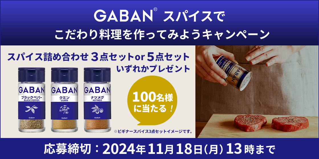 GABANⓇスパイスでこだわり料理を作ってみようキャンペーン スパイス詰め合わせ3点セットor5点セットいずれかプレゼント 100名様に当たる! 応募締切：2024年11月18日(月)13時まで