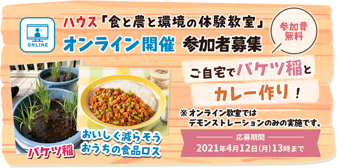 ハウス「食と農と環境の体験教室」 オンライン開催参加者募集 全2回 参加費 無料 バケツ稲 おいしく減らそうおうちの食品ロス 自宅でバケツ稲とカレー作り体験! 応募期間 2021年4月12日(月)13時まで
